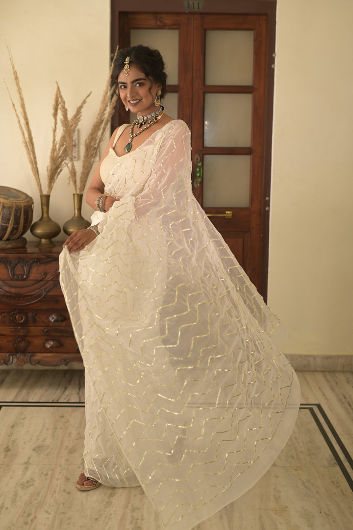 White Chiffon Gota Patti Saree – Handcrafted in Jaipur