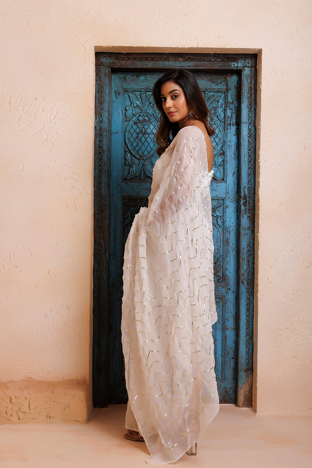 White Handcrafted Gota Jaal Work Chiffon Saree