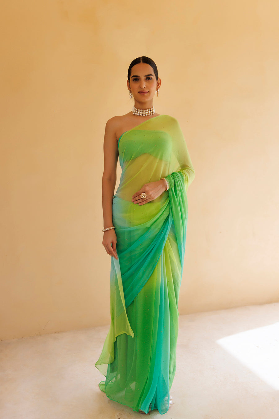 Green Shaded Mukaish Hand Embroidered Chiffon Saree