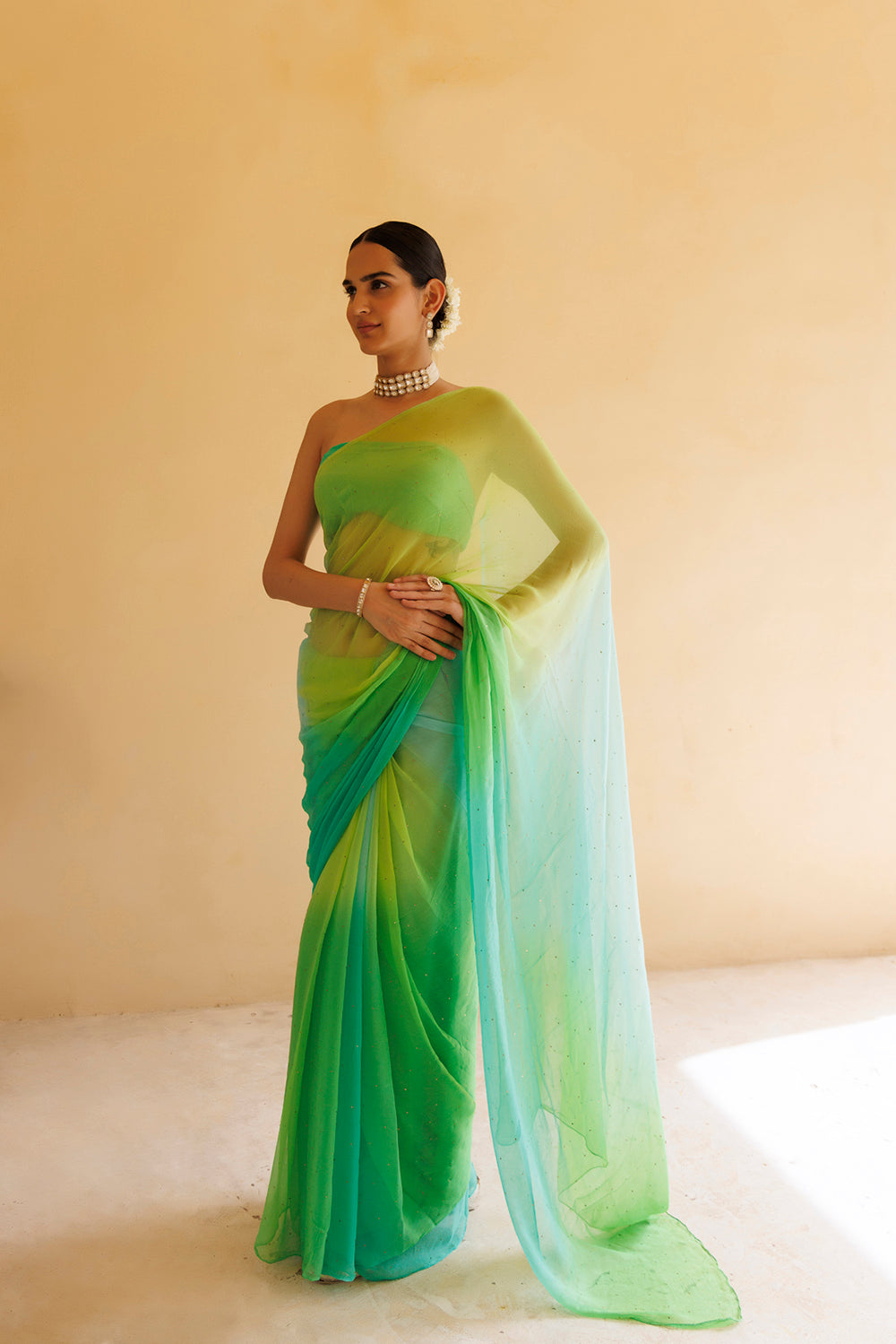 Green Shaded Mukaish Hand Embroidered Chiffon Saree