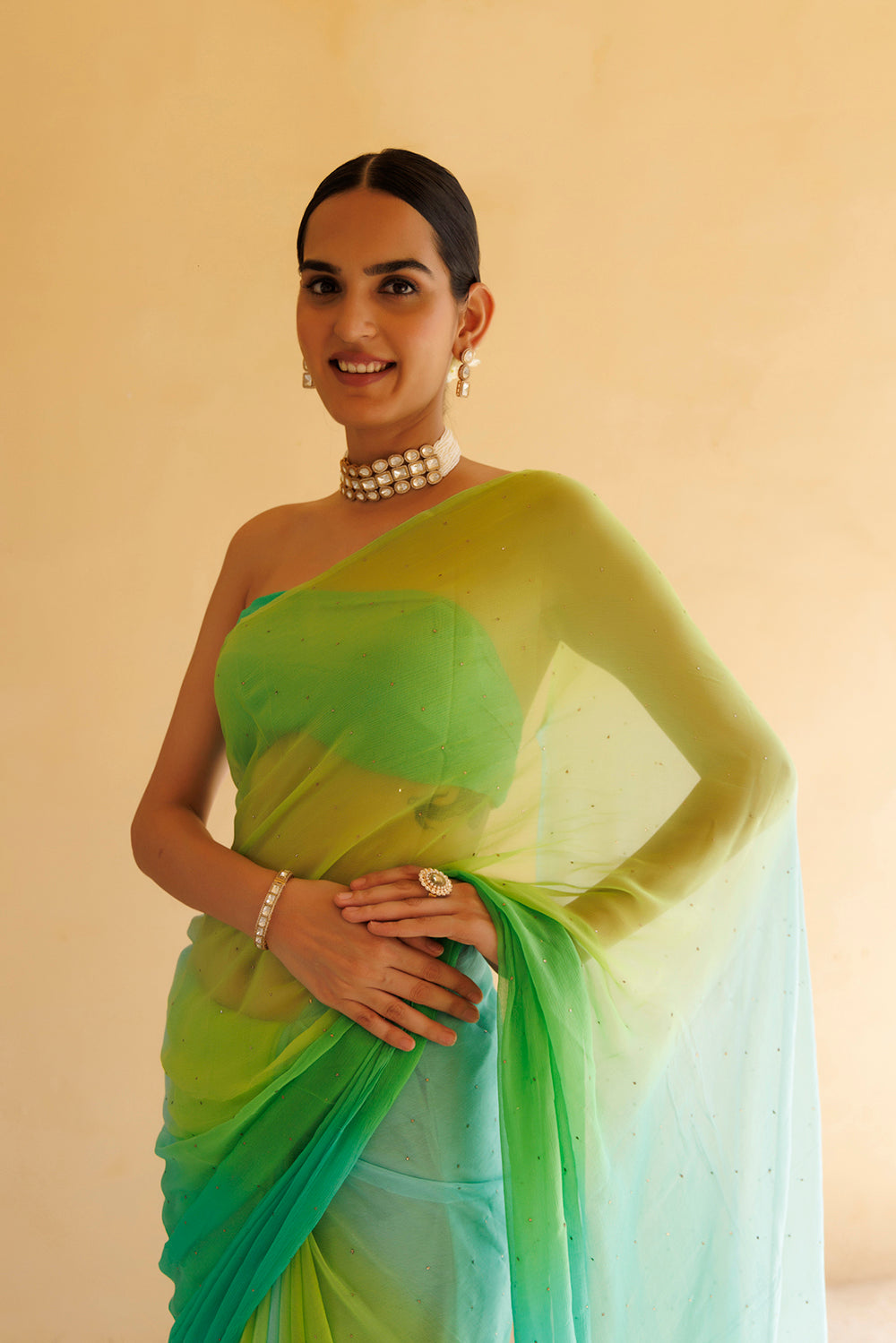 Green Shaded Mukaish Hand Embroidered Chiffon Saree