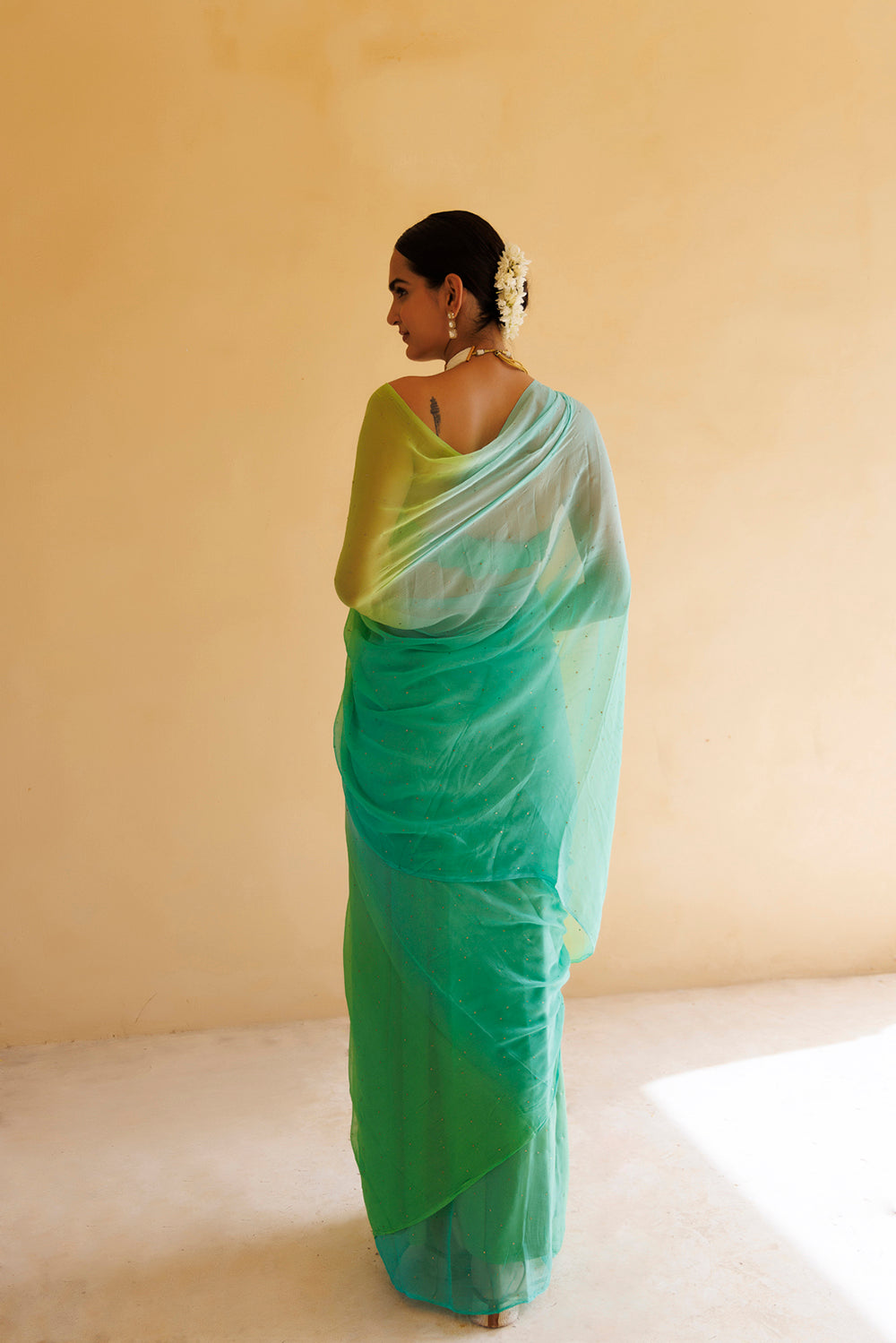 Green Shaded Mukaish Hand Embroidered Chiffon Saree