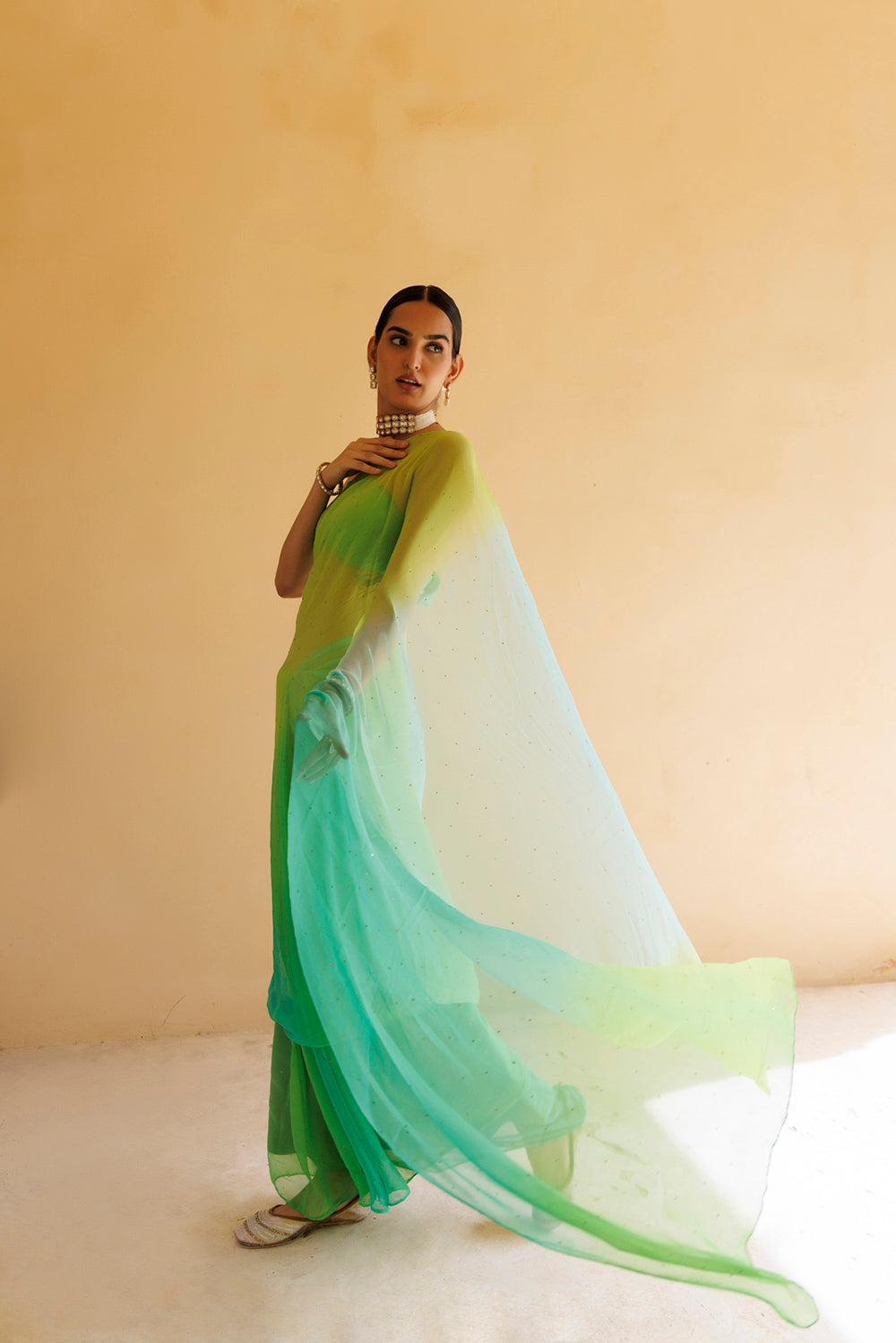 Green Shaded Mukaish Hand Embroidered Chiffon Saree