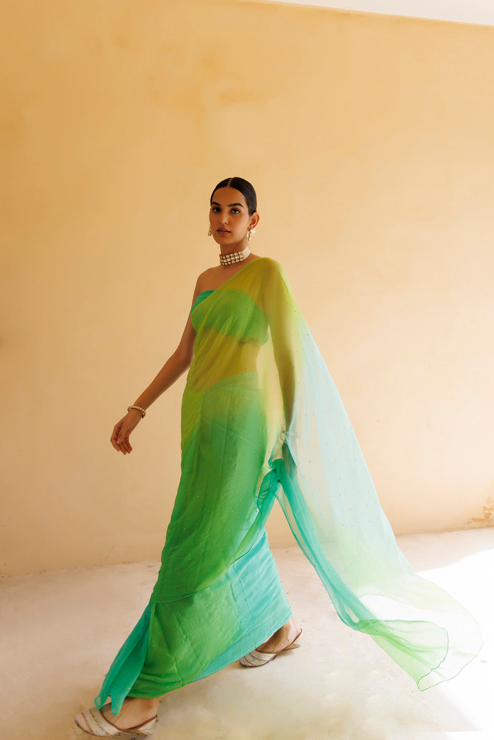 Green Shaded Mukaish Hand Embroidered Chiffon Saree