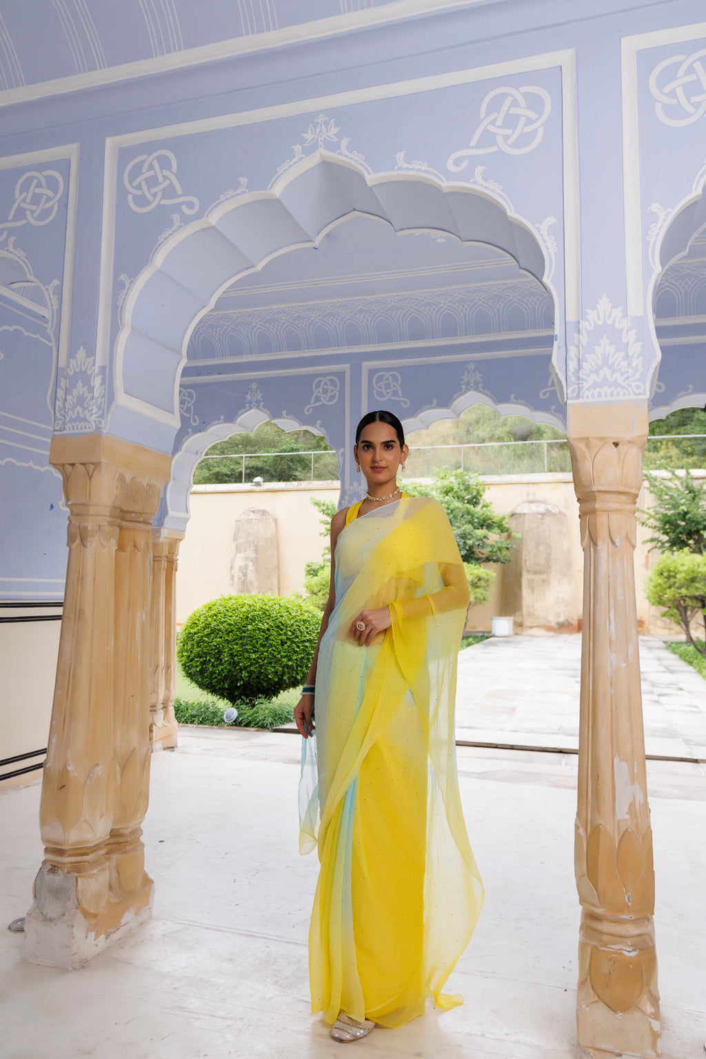 Yellow & Blue Shaded Handcrafted Mukaish Work Chiffon Saree