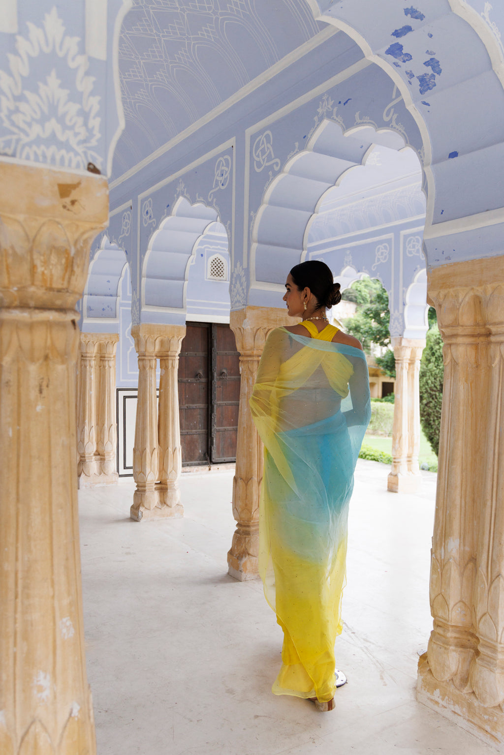 Yellow & Blue Shaded Handcrafted Mukaish Work Chiffon Saree
