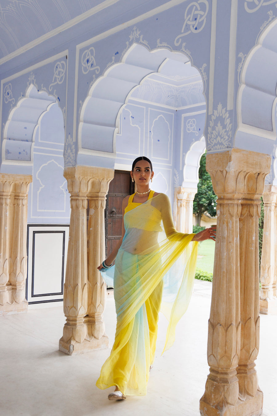 Yellow & Blue Shaded Handcrafted Mukaish Work Chiffon Saree