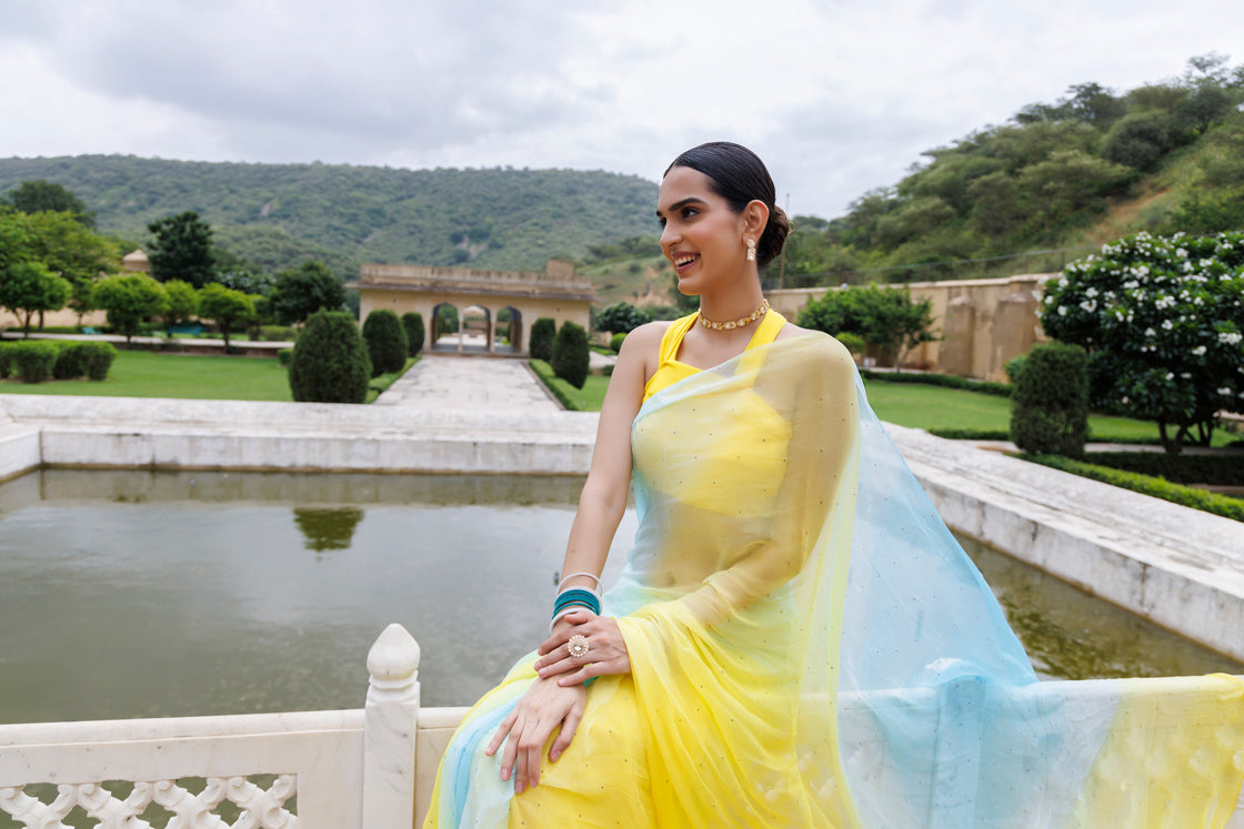 Yellow & Blue Shaded Handcrafted Mukaish Work Chiffon Saree