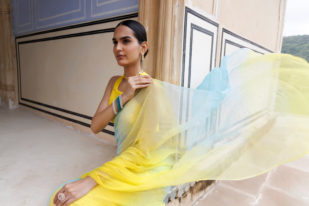 Yellow & Blue Shaded Handcrafted Mukaish Work Chiffon Saree