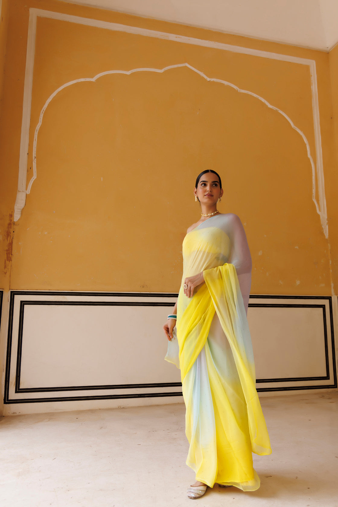 Yellow Shaded Hand Embroidered Mukaish Chiffon Saree