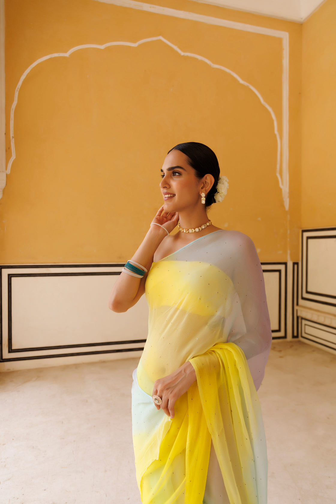 Yellow Shaded Hand Embroidered Mukaish Chiffon Saree