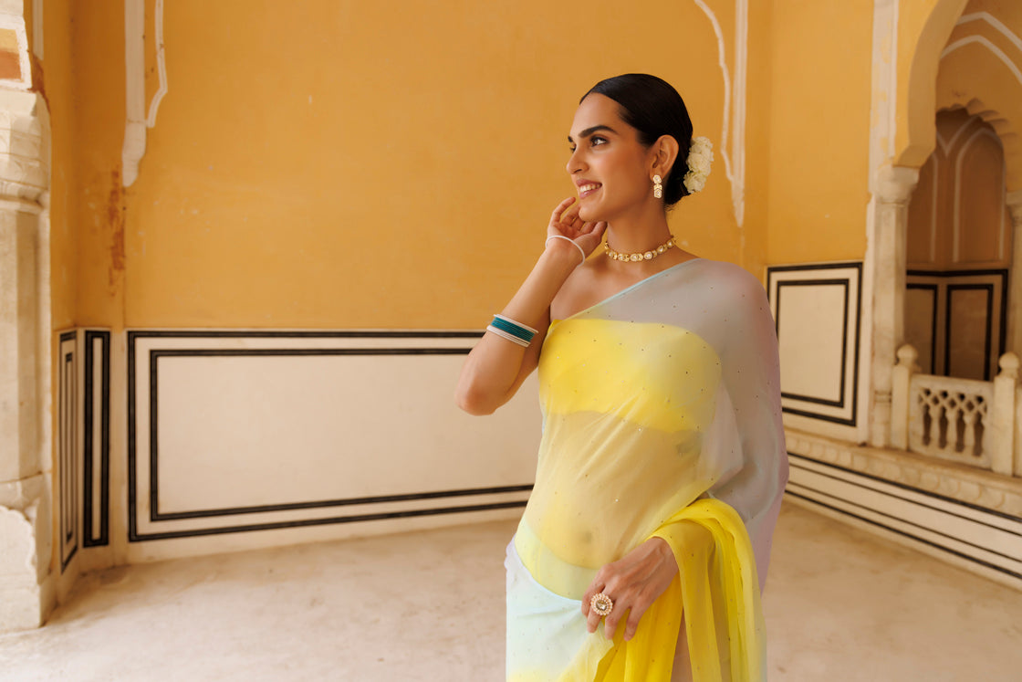 Yellow Shaded Hand Embroidered Mukaish Chiffon Saree