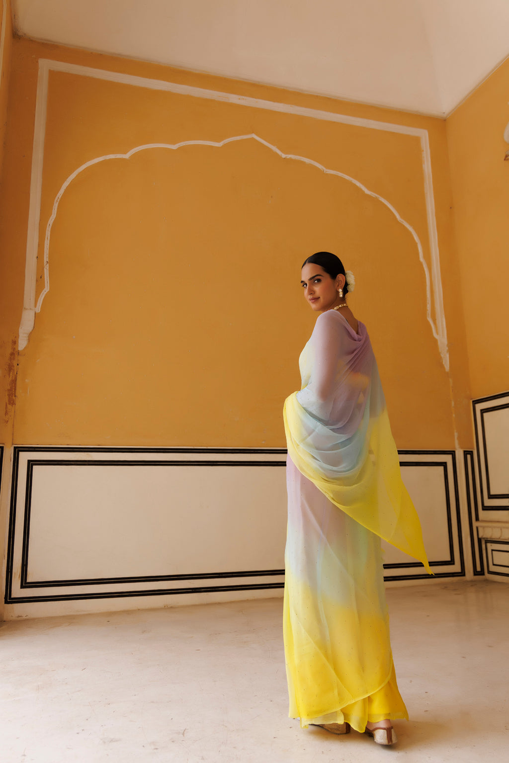 Yellow Shaded Hand Embroidered Mukaish Chiffon Saree
