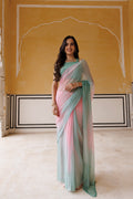 Pink-Green Shaded Hand Embroidered Mukaish Chiffon Saree