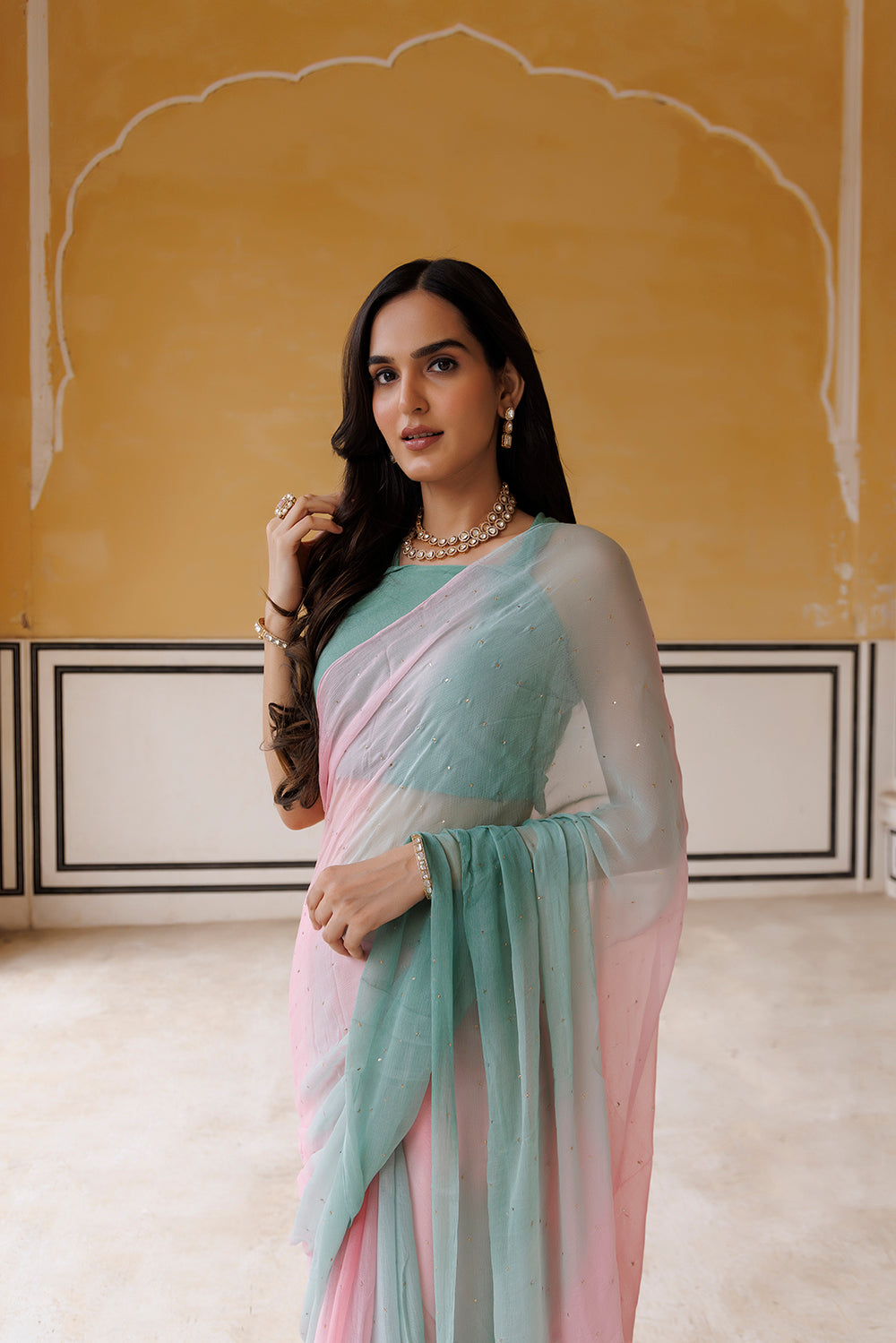 Pink-Green Shaded Hand Embroidered Mukaish Chiffon Saree