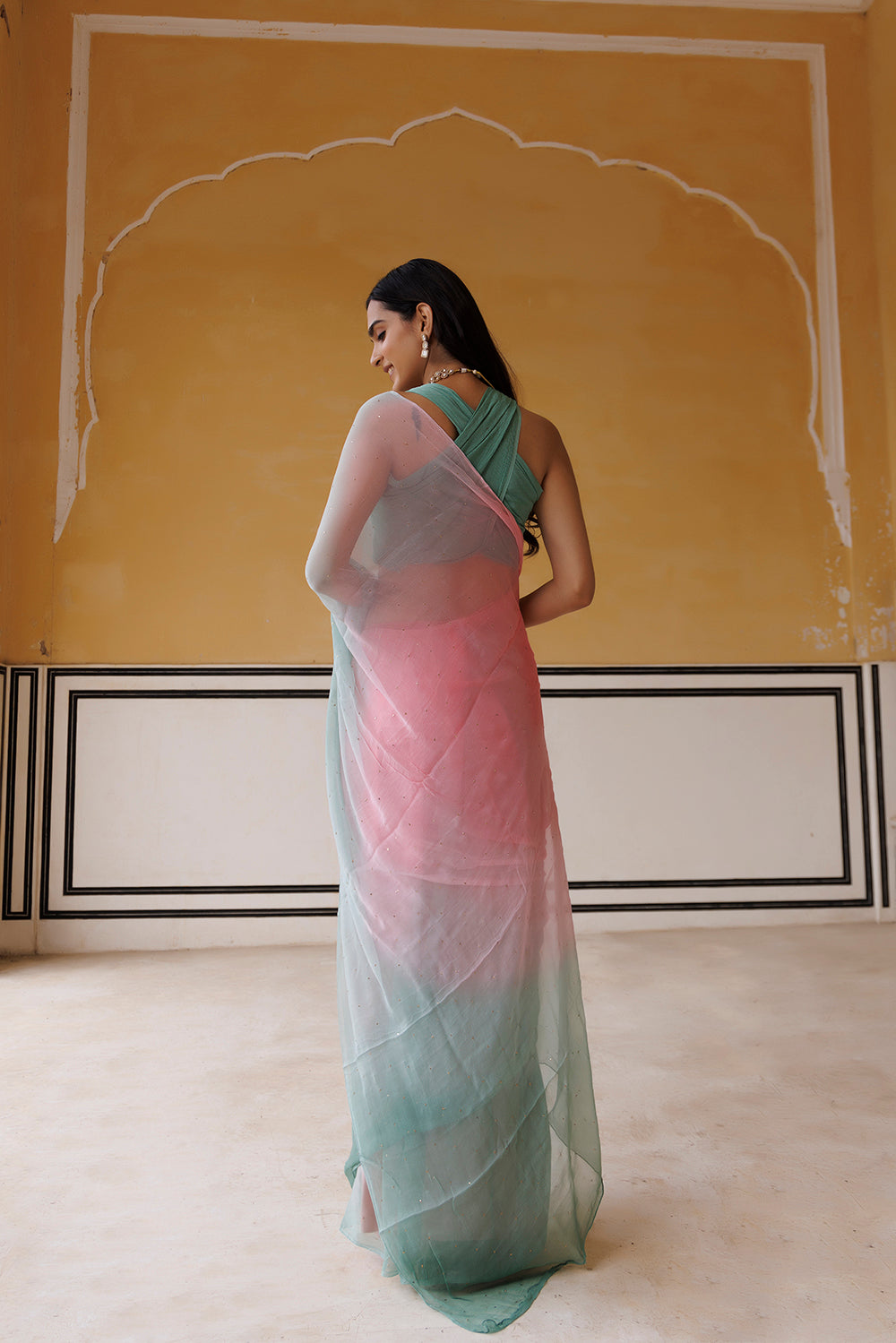 Pink-Green Shaded Hand Embroidered Mukaish Chiffon Saree