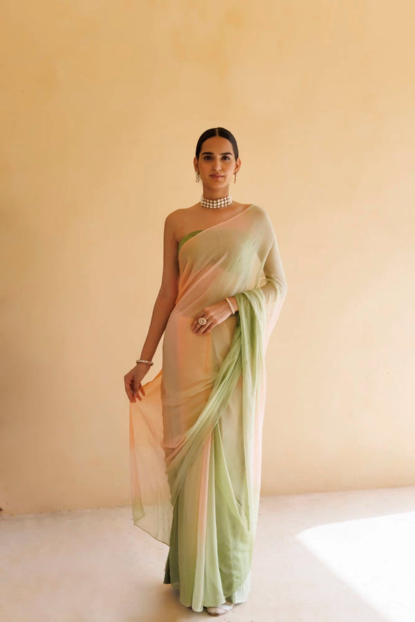 Peach-Green Shaded Hand Embroidered Mukaish Chiffon Saree