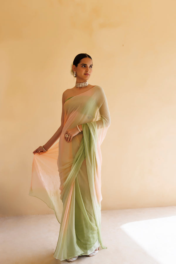 Peach-Green Shaded Hand Embroidered Mukaish Chiffon Saree