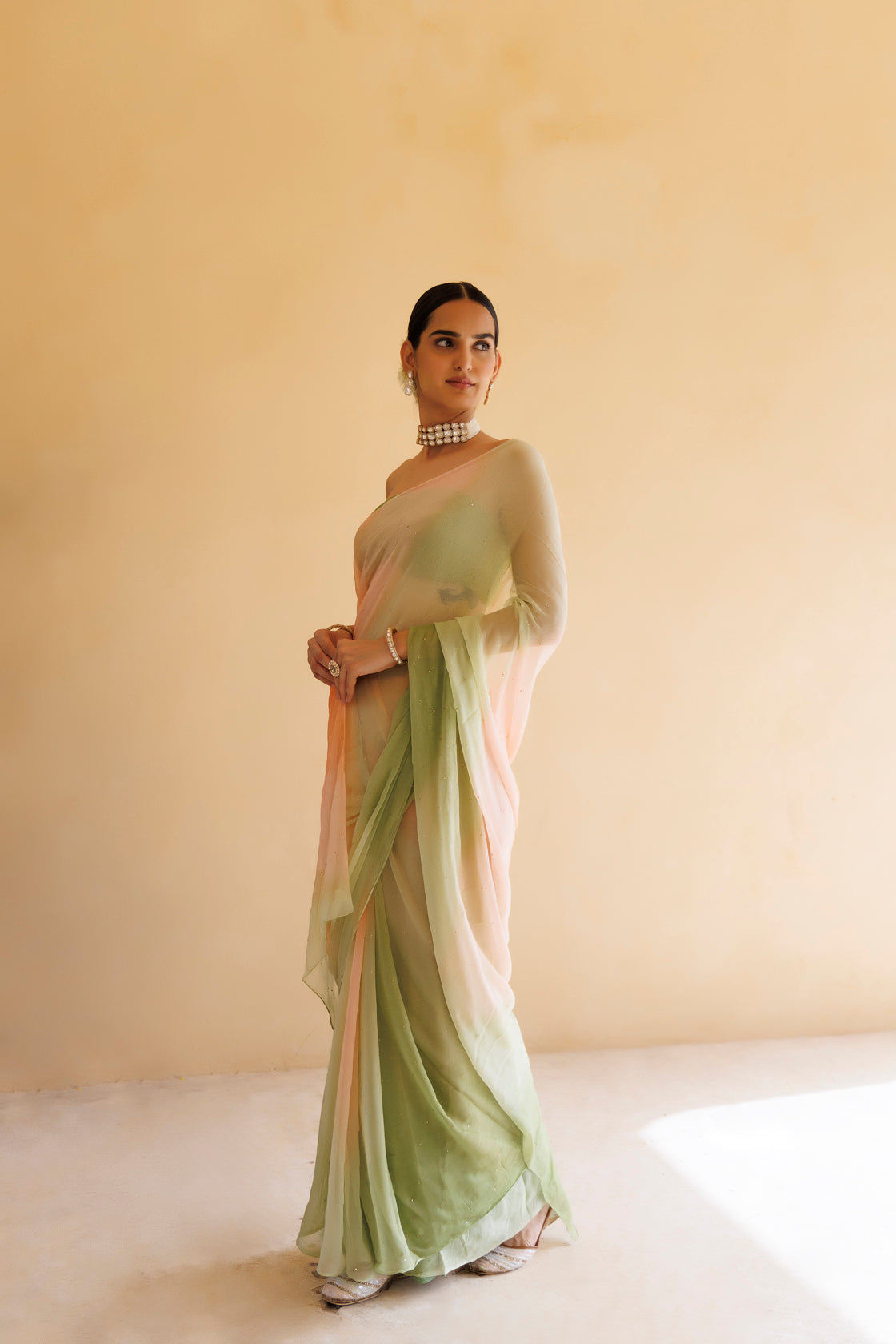 Peach-Green Shaded Hand Embroidered Mukaish Chiffon Saree