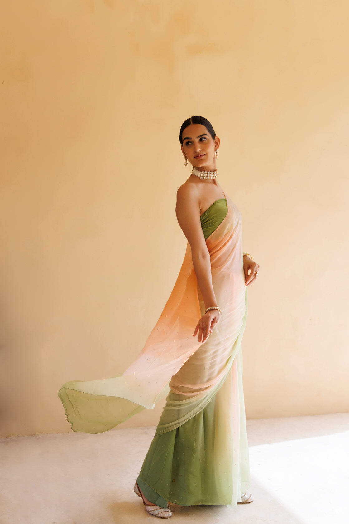 Peach-Green Shaded Hand Embroidered Mukaish Chiffon Saree