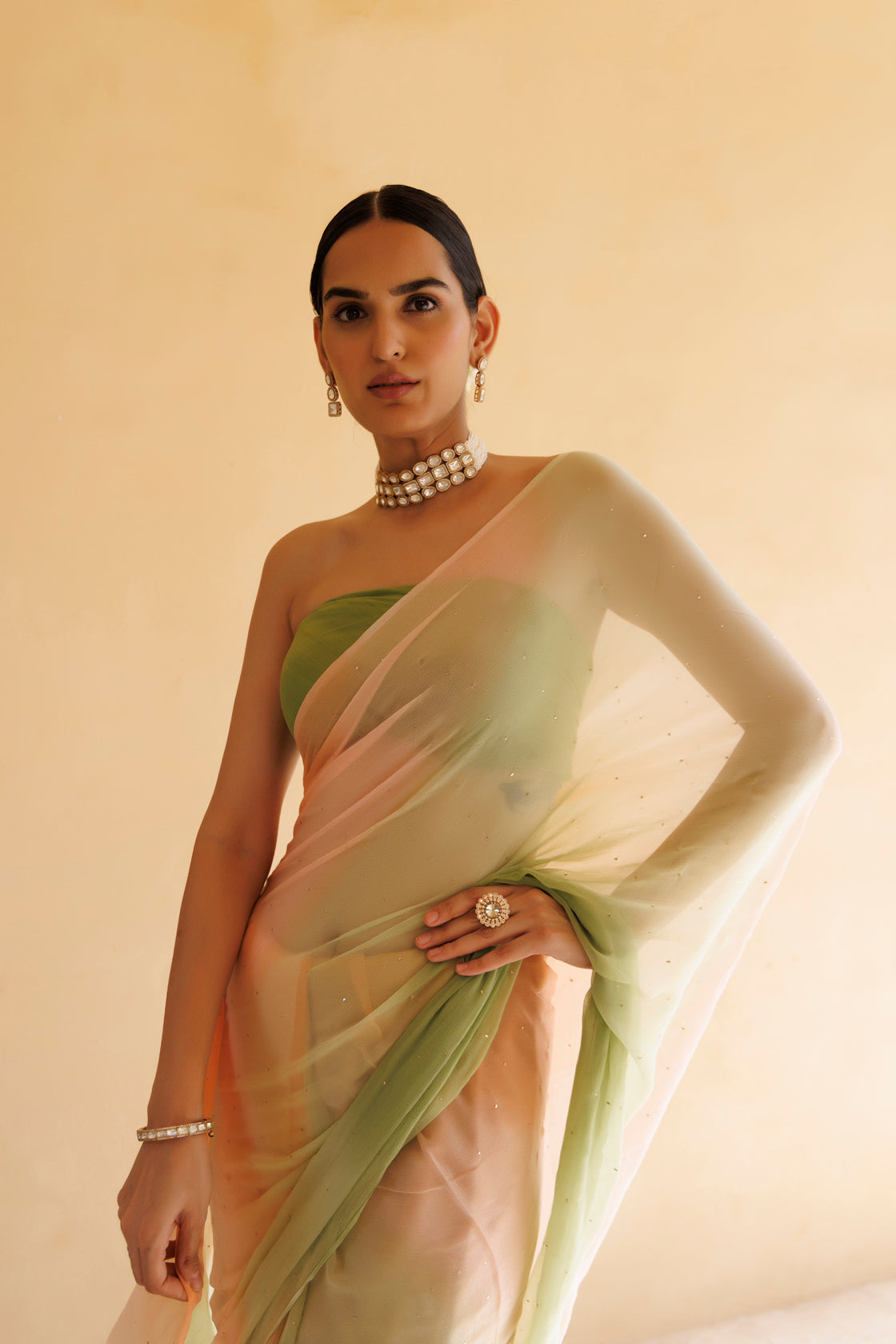 Peach-Green Shaded Hand Embroidered Mukaish Chiffon Saree
