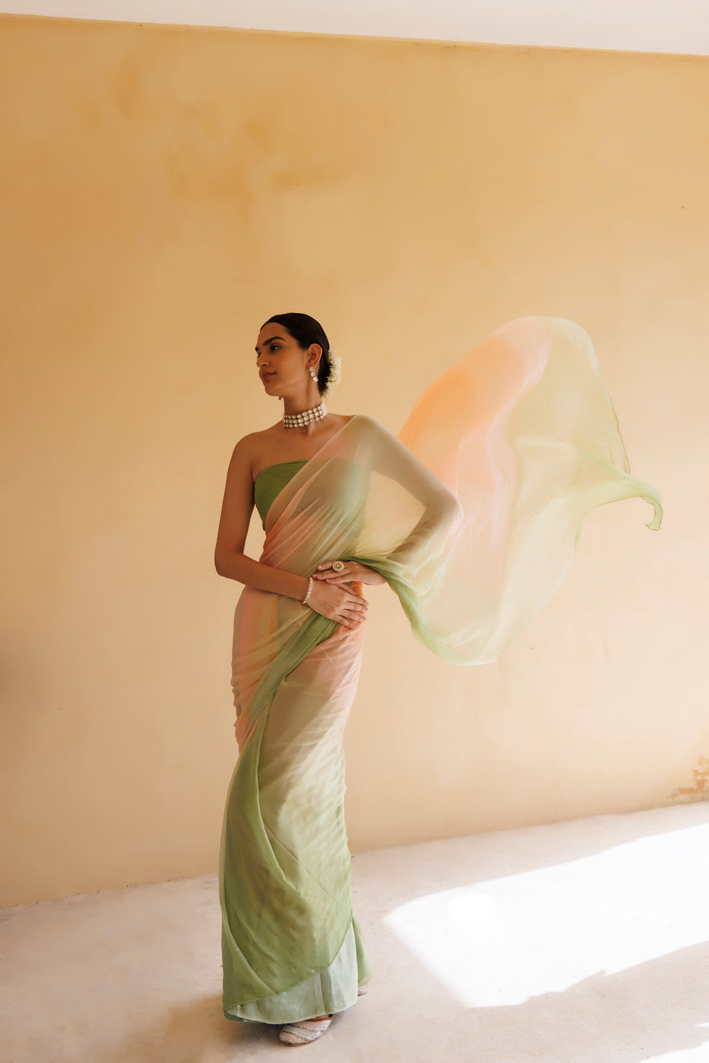 Peach-Green Shaded Hand Embroidered Mukaish Chiffon Saree