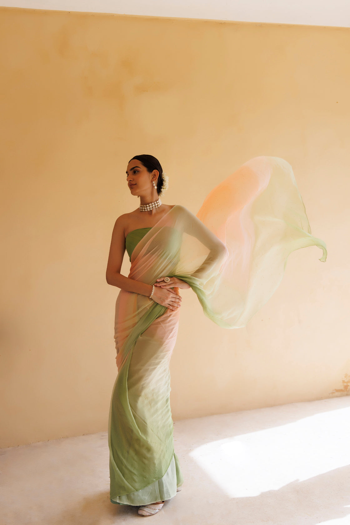 Peach-Green Shaded Hand Embroidered Mukaish Chiffon Saree
