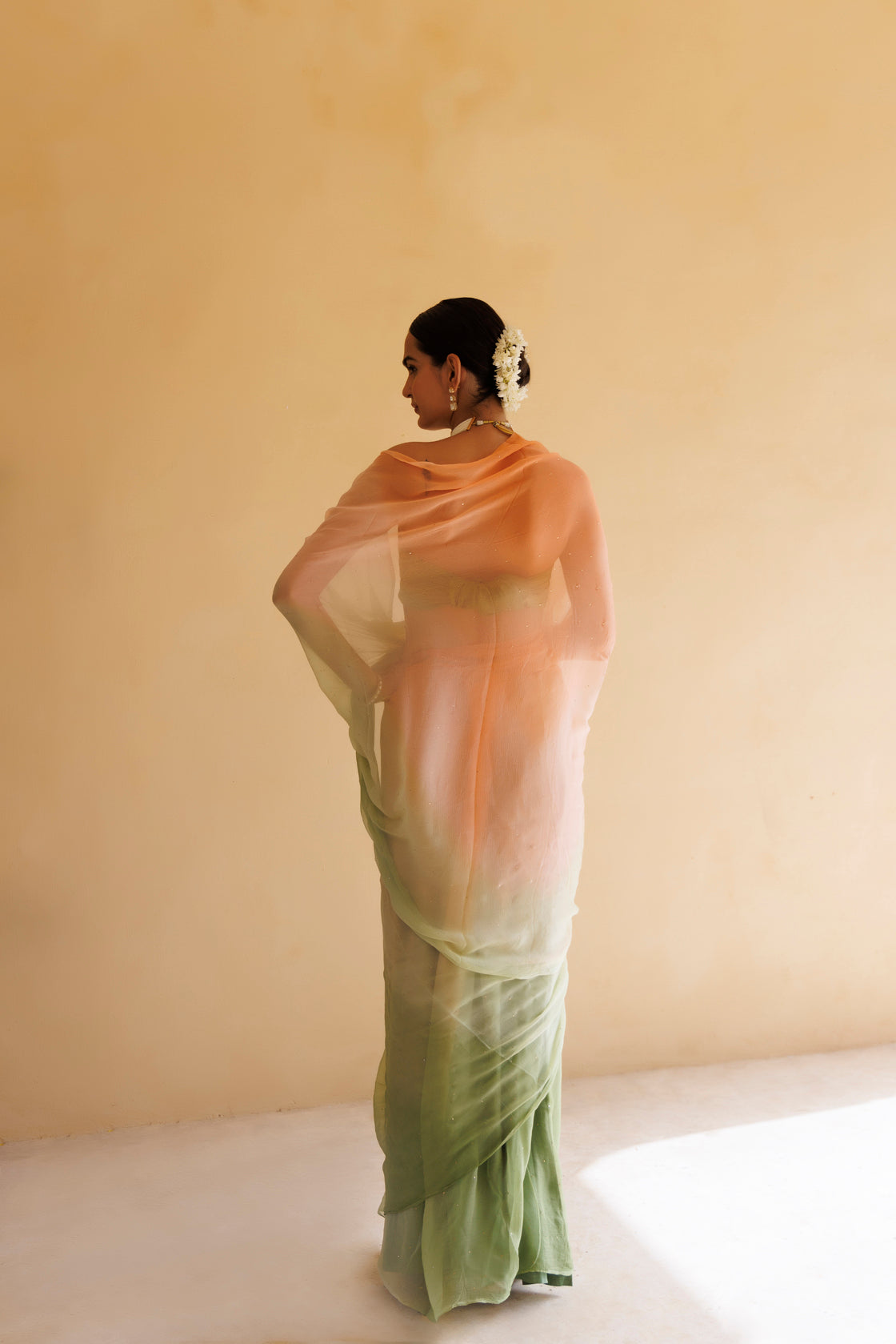 Peach-Green Shaded Hand Embroidered Mukaish Chiffon Saree