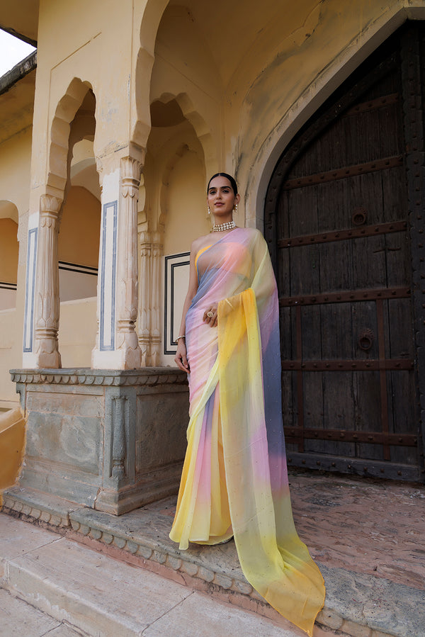 Multi Shaded Hand Embroidered Mukaish Chiffon Saree