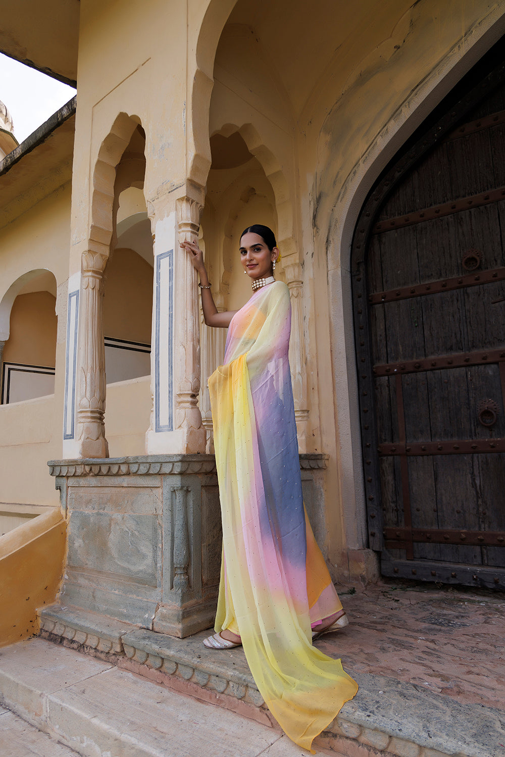Multi Shaded Hand Embroidered Mukaish Chiffon Saree