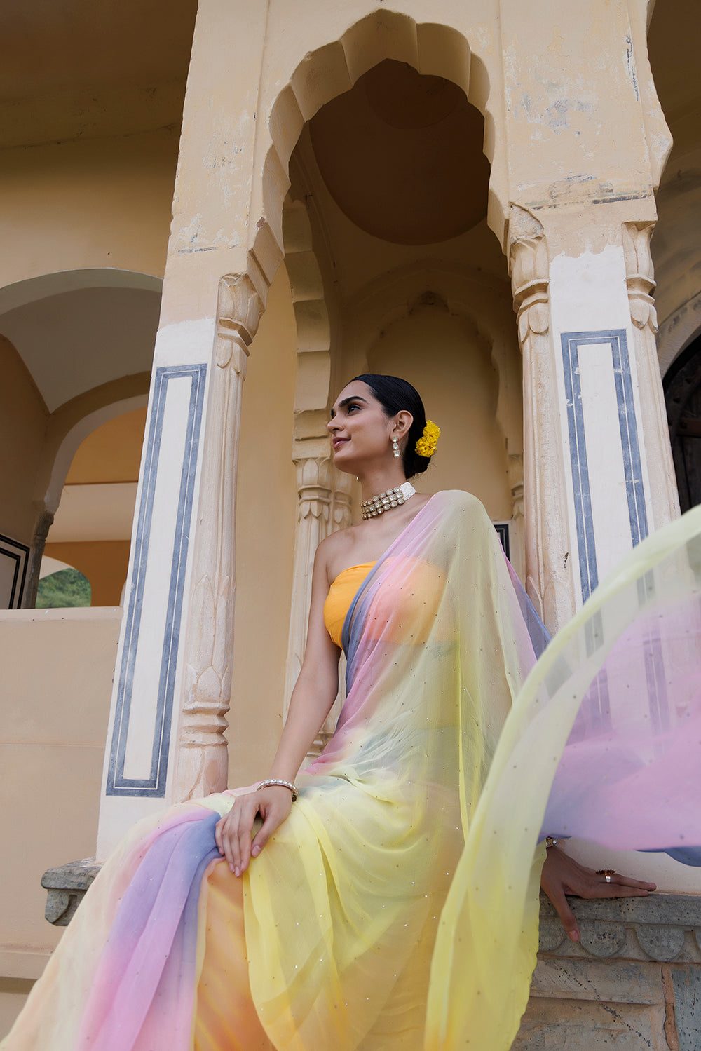 Multi Shaded Hand Embroidered Mukaish Chiffon Saree
