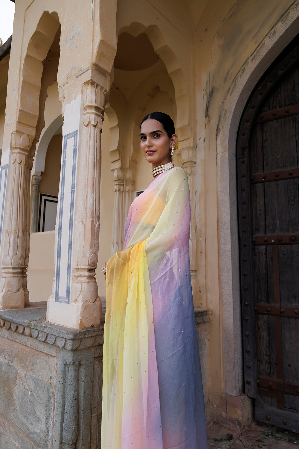 Multi Shaded Hand Embroidered Mukaish Chiffon Saree