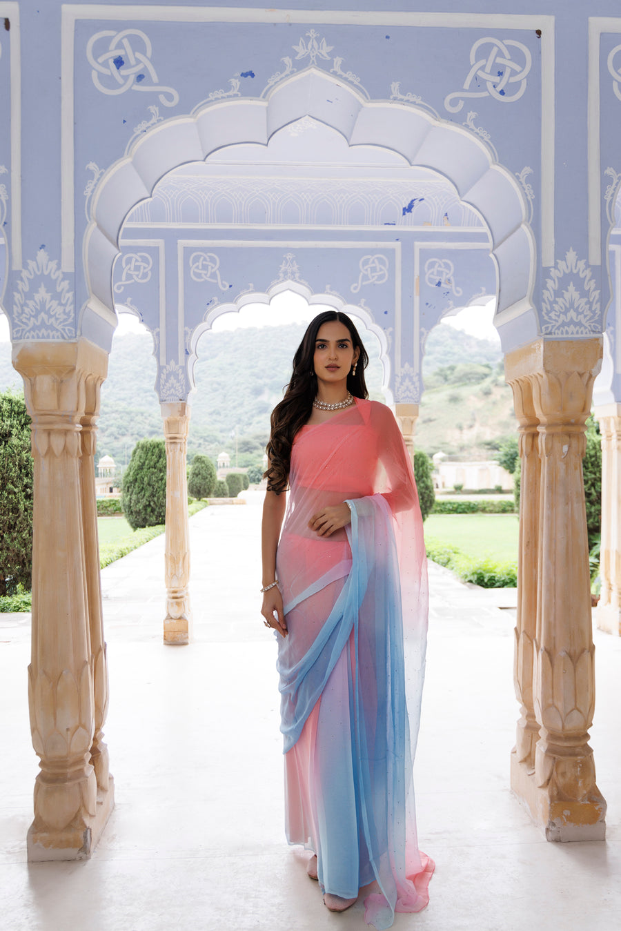 Pink-Blue Shaded Hand Embroidered Mukaish Chiffon Saree