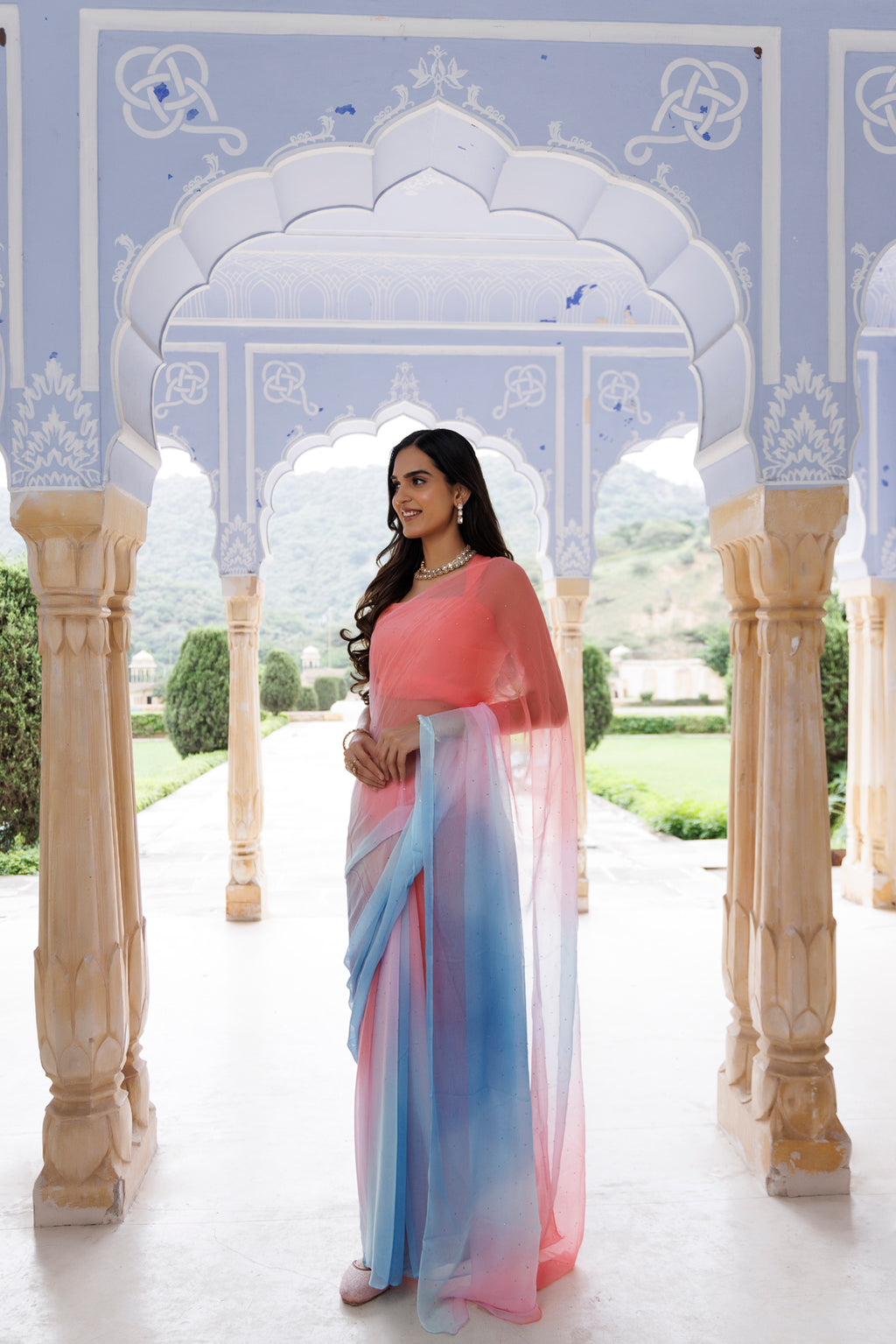 Pink-Blue Shaded Hand Embroidered Mukaish Chiffon Saree