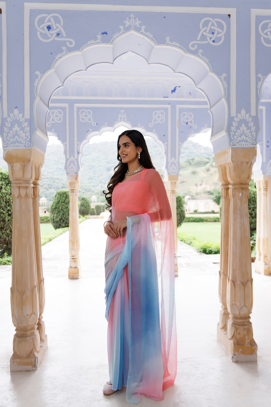 Pink-Blue Shaded Hand Embroidered Mukaish Chiffon Saree