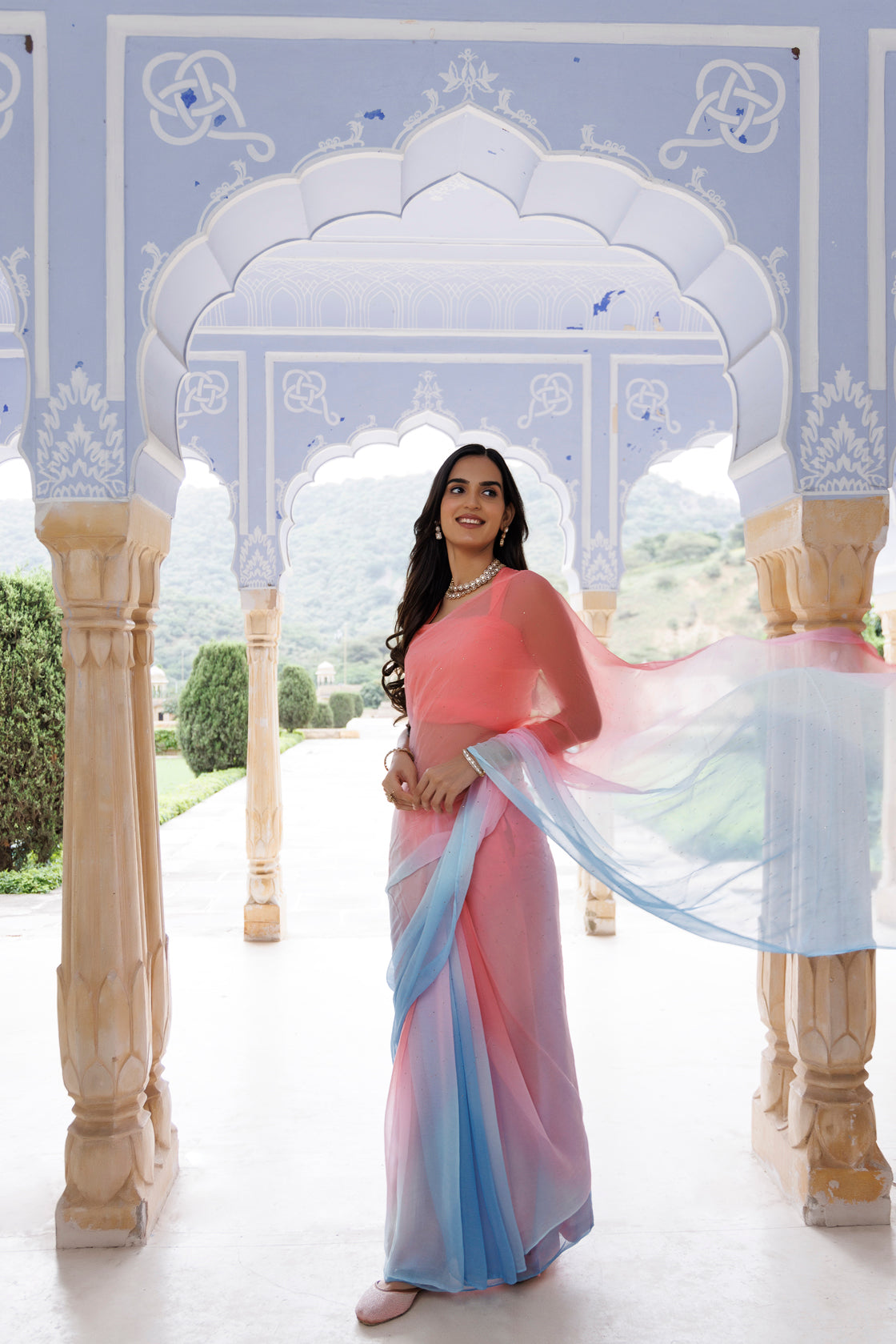 Pink-Blue Shaded Hand Embroidered Mukaish Chiffon Saree
