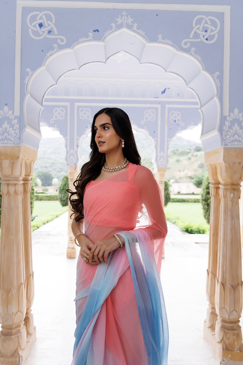 Pink-Blue Shaded Hand Embroidered Mukaish Chiffon Saree