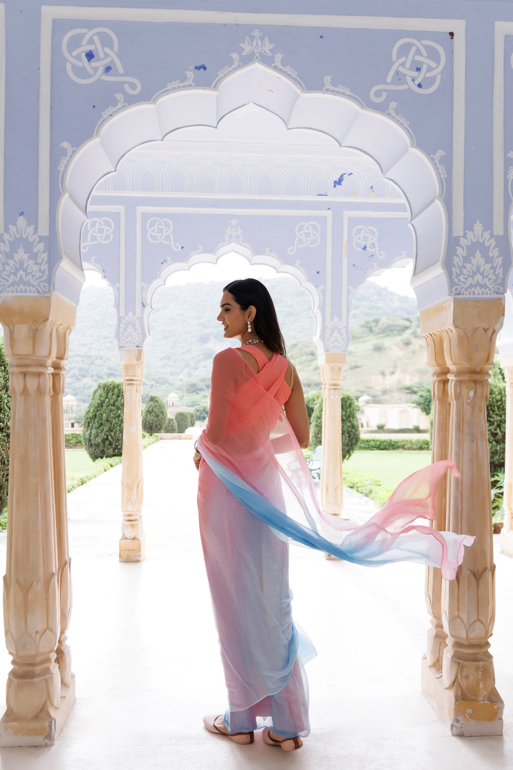 Pink-Blue Shaded Hand Embroidered Mukaish Chiffon Saree