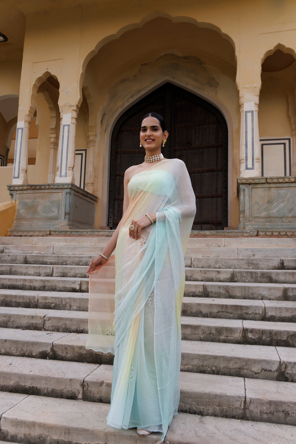 Multi Shaded Hand Embroidered Mukaish Jaal Chiffon Saree