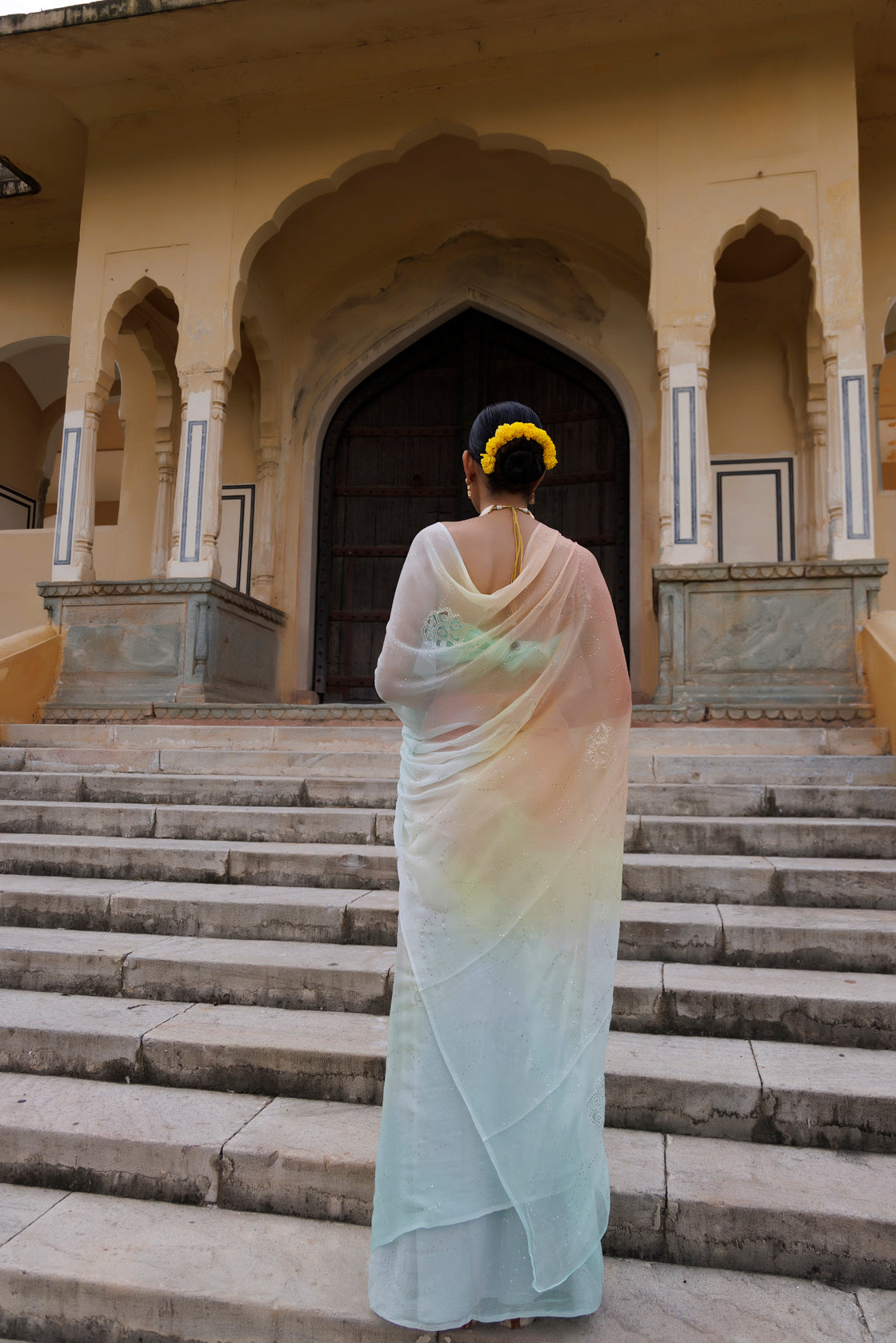 Multi Shaded Hand Embroidered Mukaish Jaal Chiffon Saree