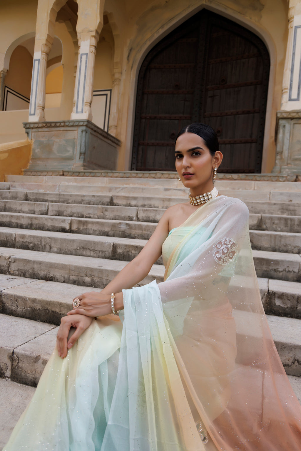 Multi Shaded Hand Embroidered Mukaish Jaal Chiffon Saree