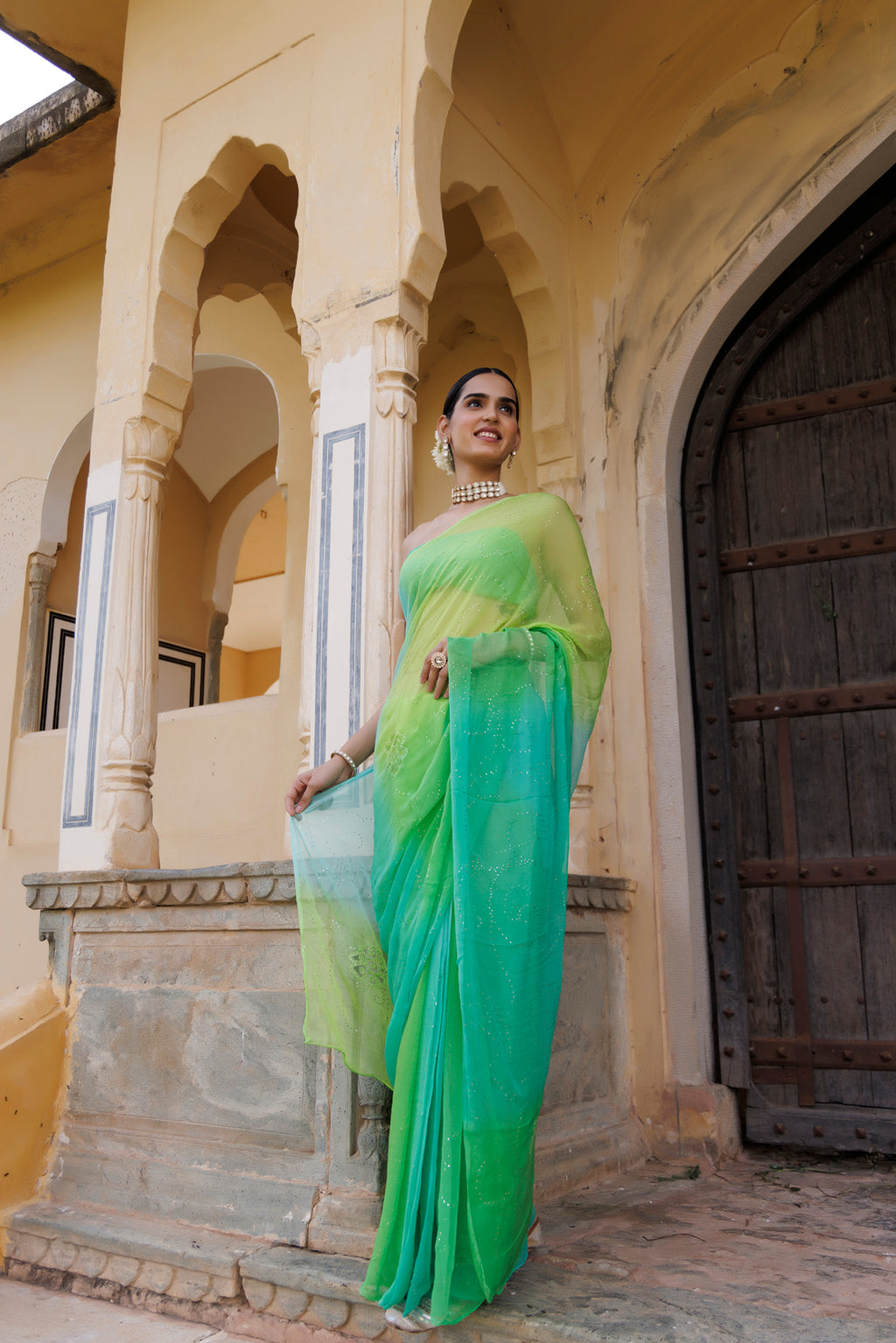 Green Shaded Hand Embroidered Mukaish Jaal Chiffon Saree