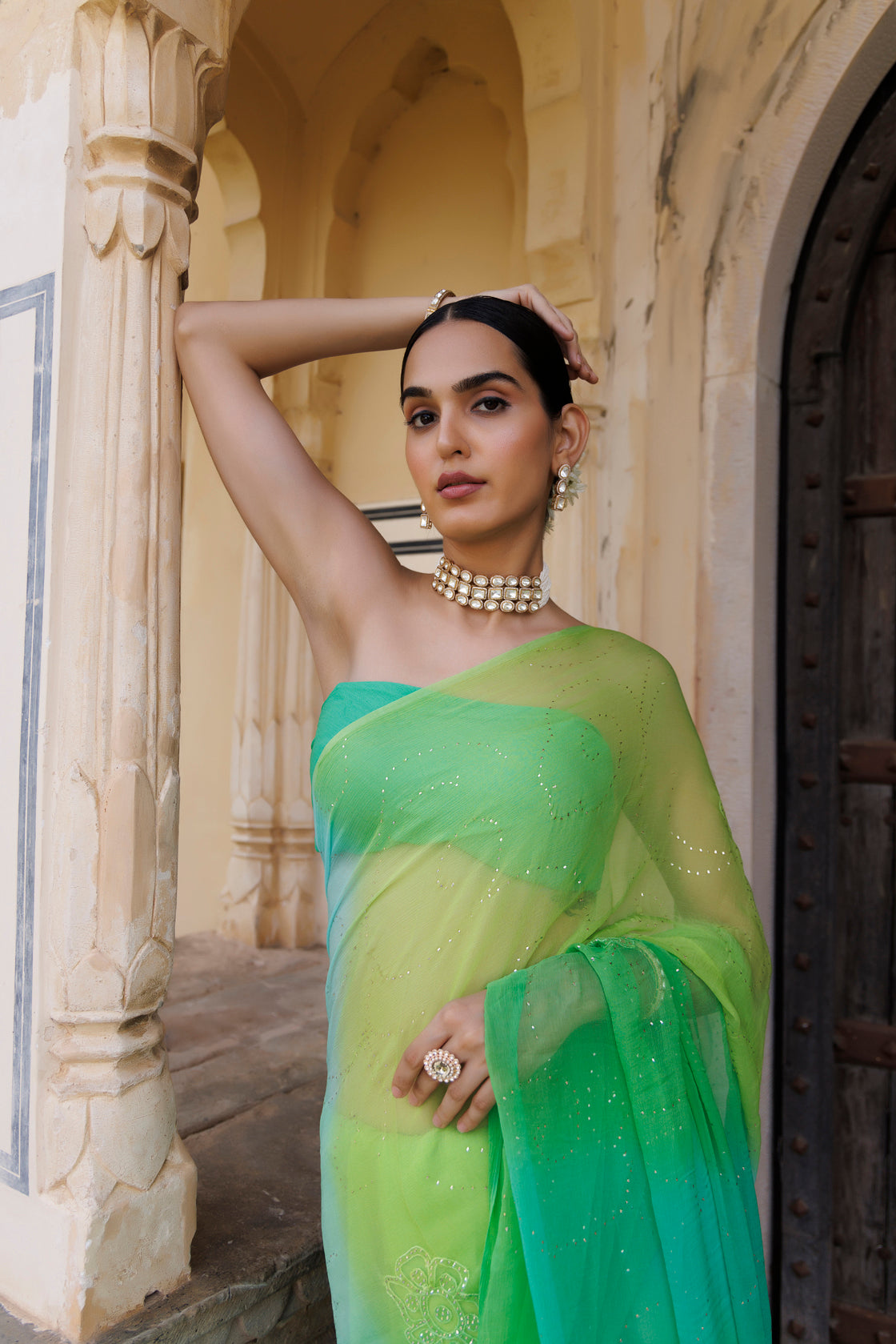Green Shaded Hand Embroidered Mukaish Jaal Chiffon Saree