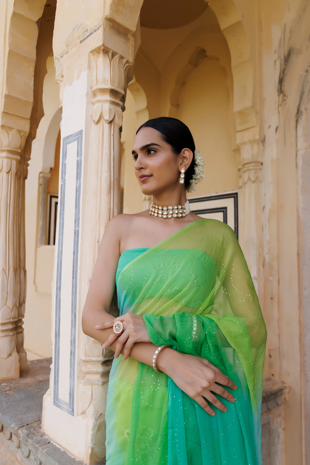 Green Shaded Hand Embroidered Mukaish Jaal Chiffon Saree