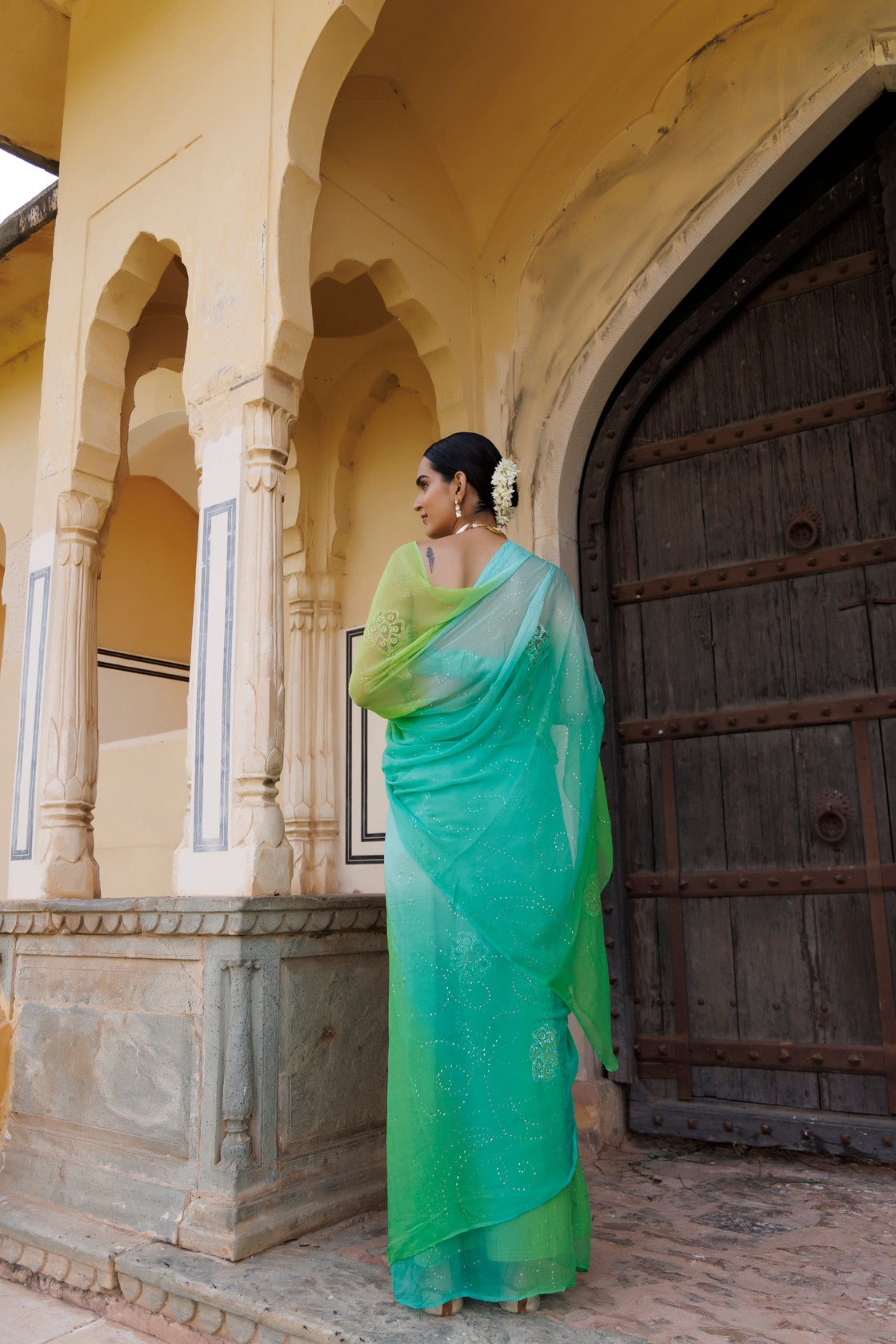 Green Shaded Hand Embroidered Mukaish Jaal Chiffon Saree