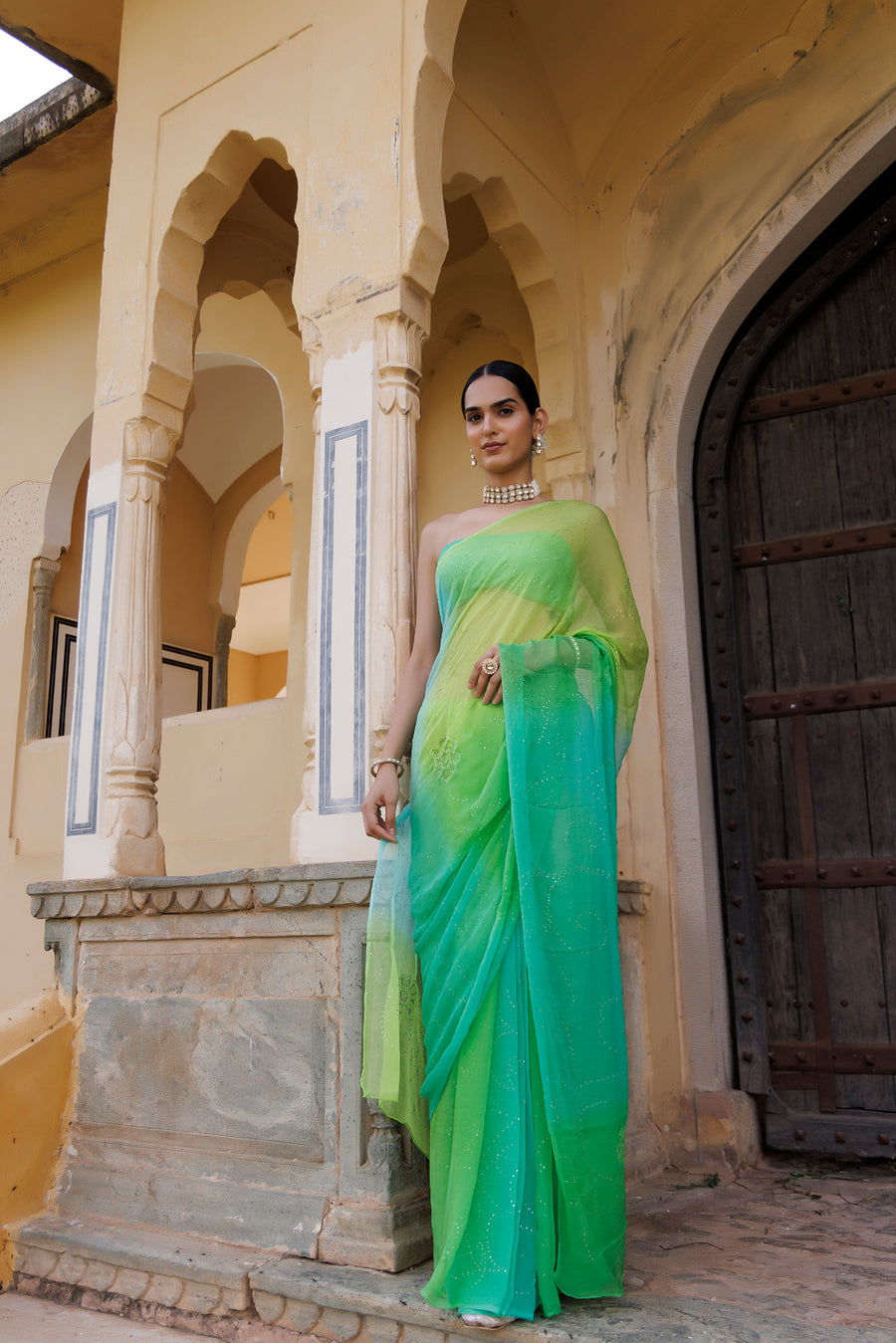 Green Shaded Hand Embroidered Mukaish Jaal Chiffon Saree