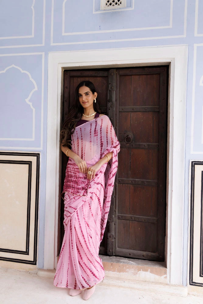 Pink Hand Dyed Shibori Bandhani Chiffon Saree