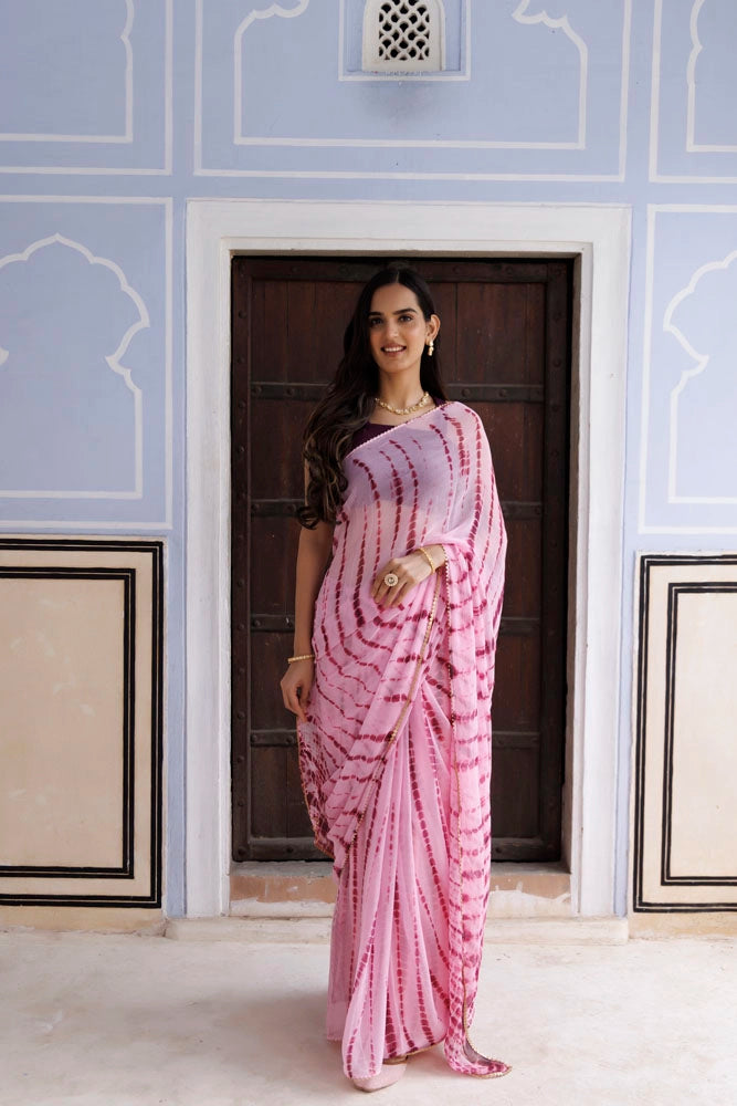 Pink Hand Dyed Shibori Bandhani Chiffon Saree