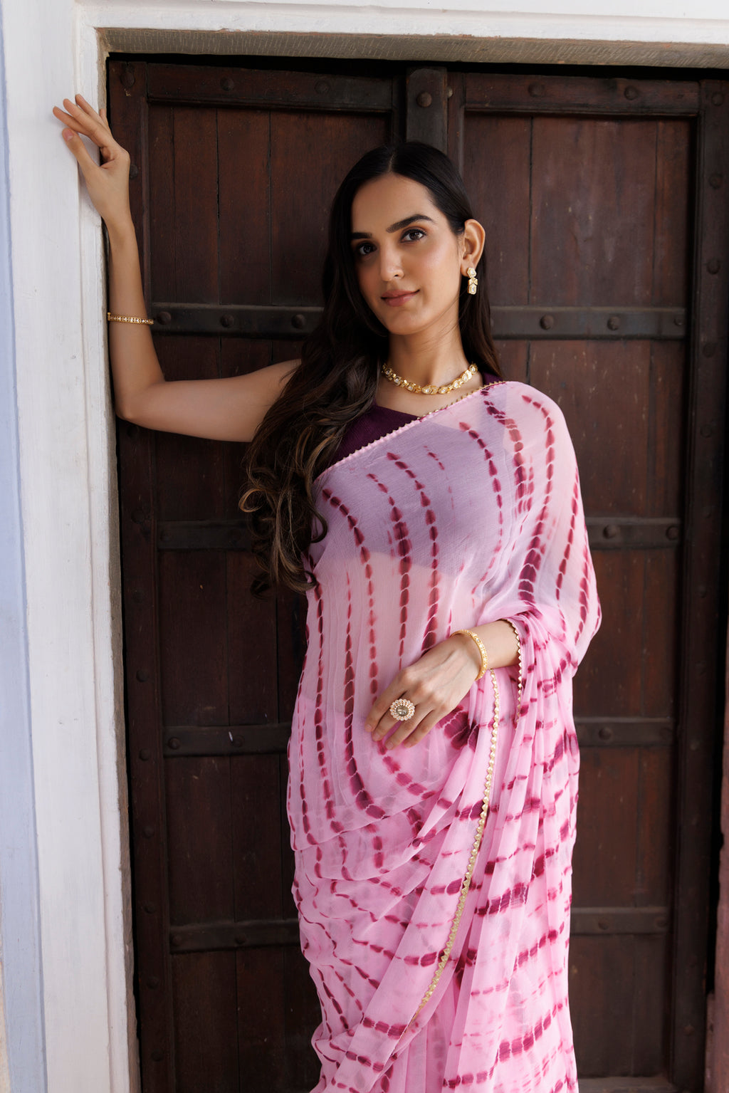 Pink Hand Dyed Shibori Bandhani Chiffon Saree