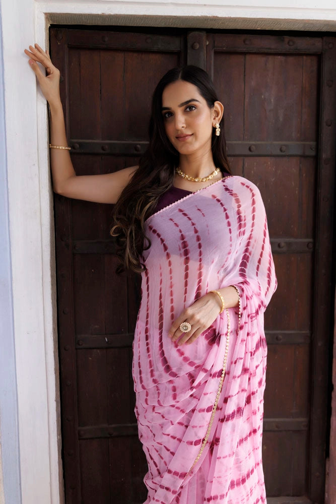 Pink Hand Dyed Shibori Bandhani Chiffon Saree